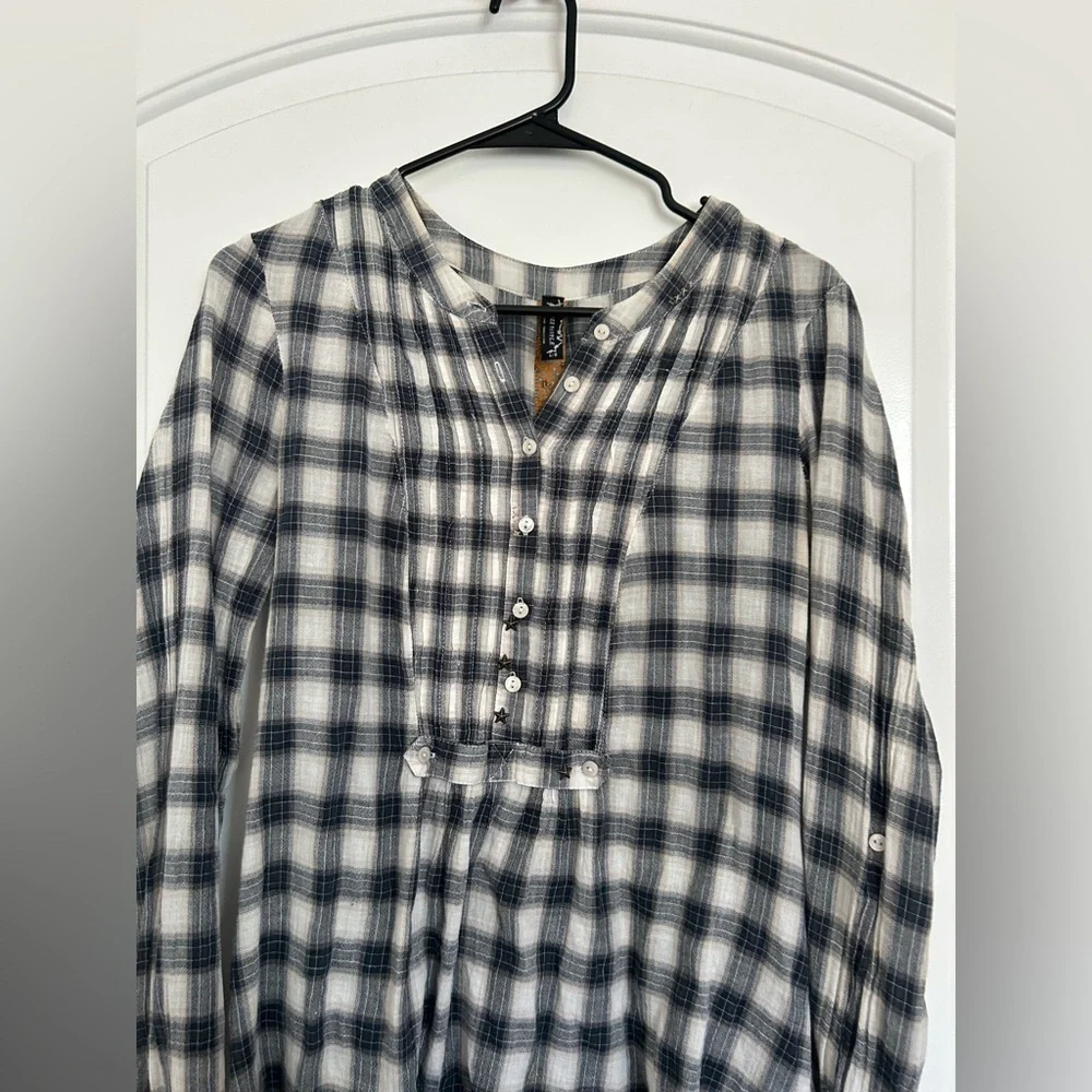 Free People Plaid Babydoll Button-Up Long Sleeve Shirt Size L boho cottagecore - Picture 7 of 11